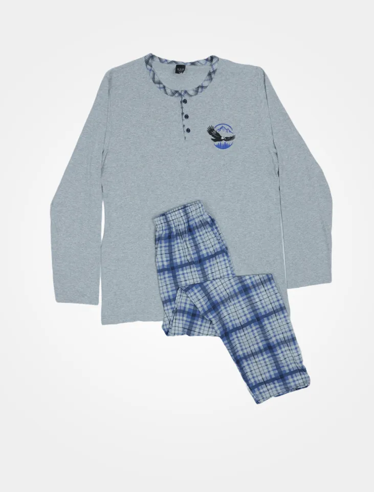 Pijama pentru bărbați cu mânecă lungă și pantaloni lungi, gri