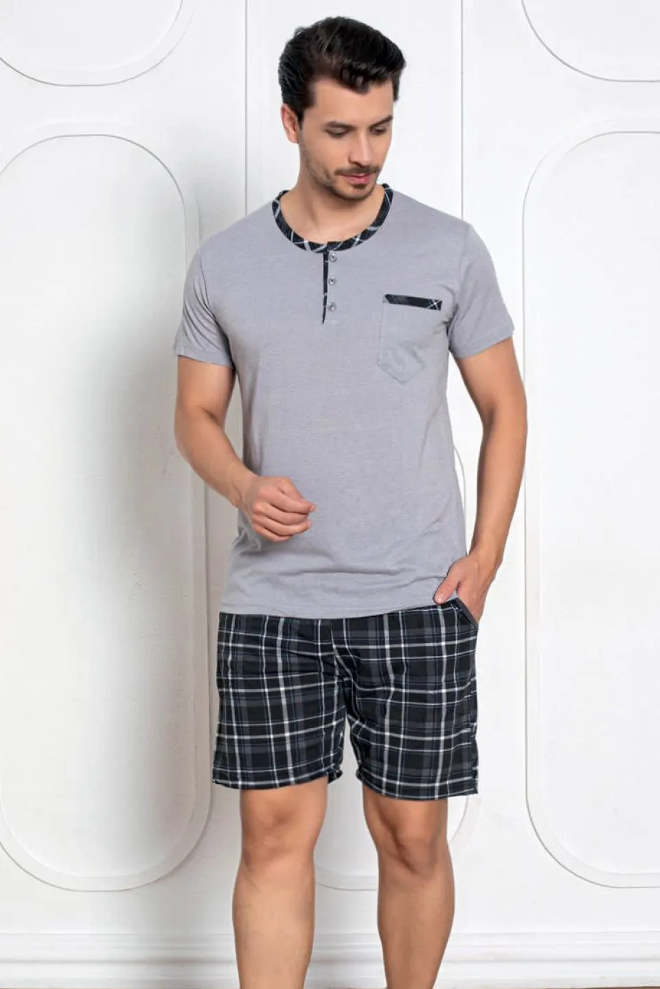 Pijama pentru bărbați, mânecă scurtă, pantaloni scurți, 100% bumbac, gri - 1