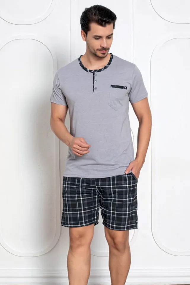 Pijama pentru bărbați, mânecă scurtă, pantaloni scurți, 100% bumbac, gri