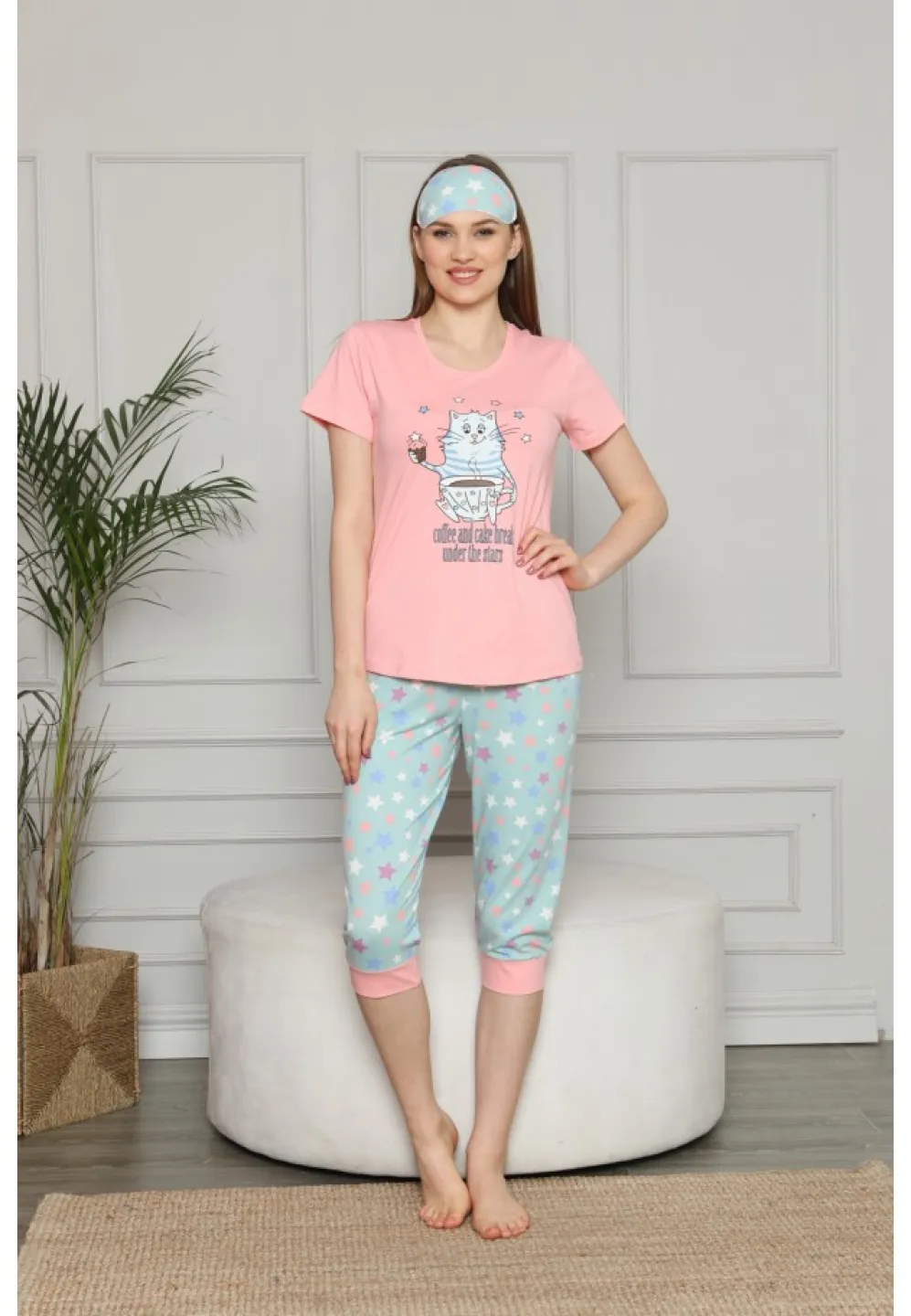 Pijama pentru Dama cu Imprimeu Pisică - Set de Primăvară, Pantaloni 3/4 - 1