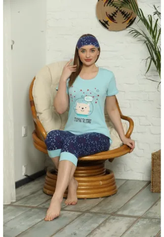 Pijama pentru dama, maneca scurta, pantaloni 3/4 cu imprimeu Stars - Set de Primăvară