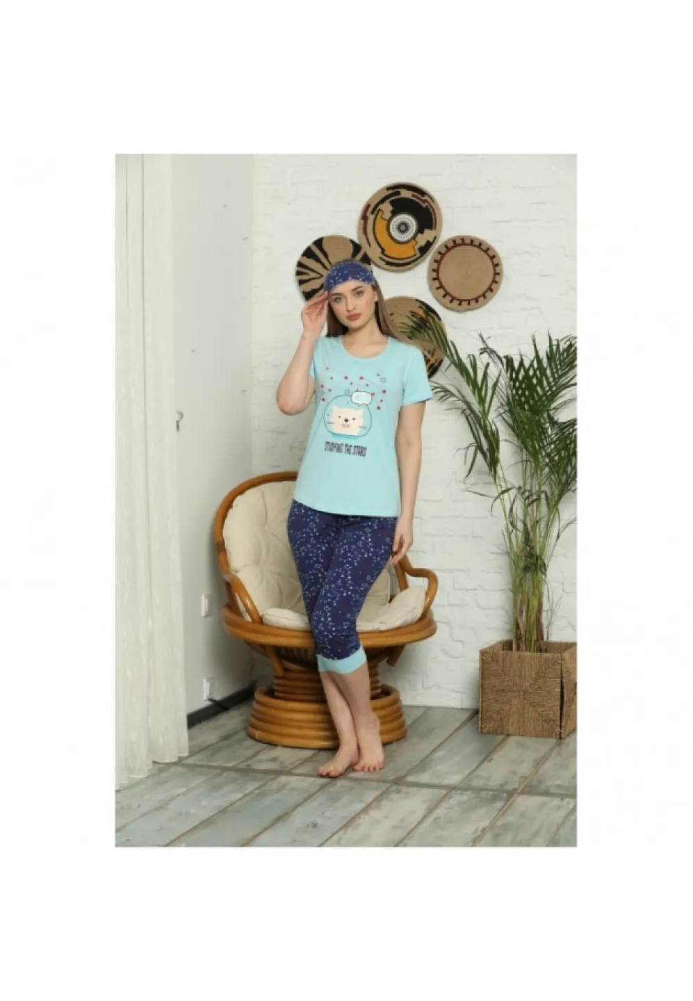 Pijama pentru dama, maneca scurta, pantaloni 3/4 cu imprimeu Stars - Set de Primăvară - 2