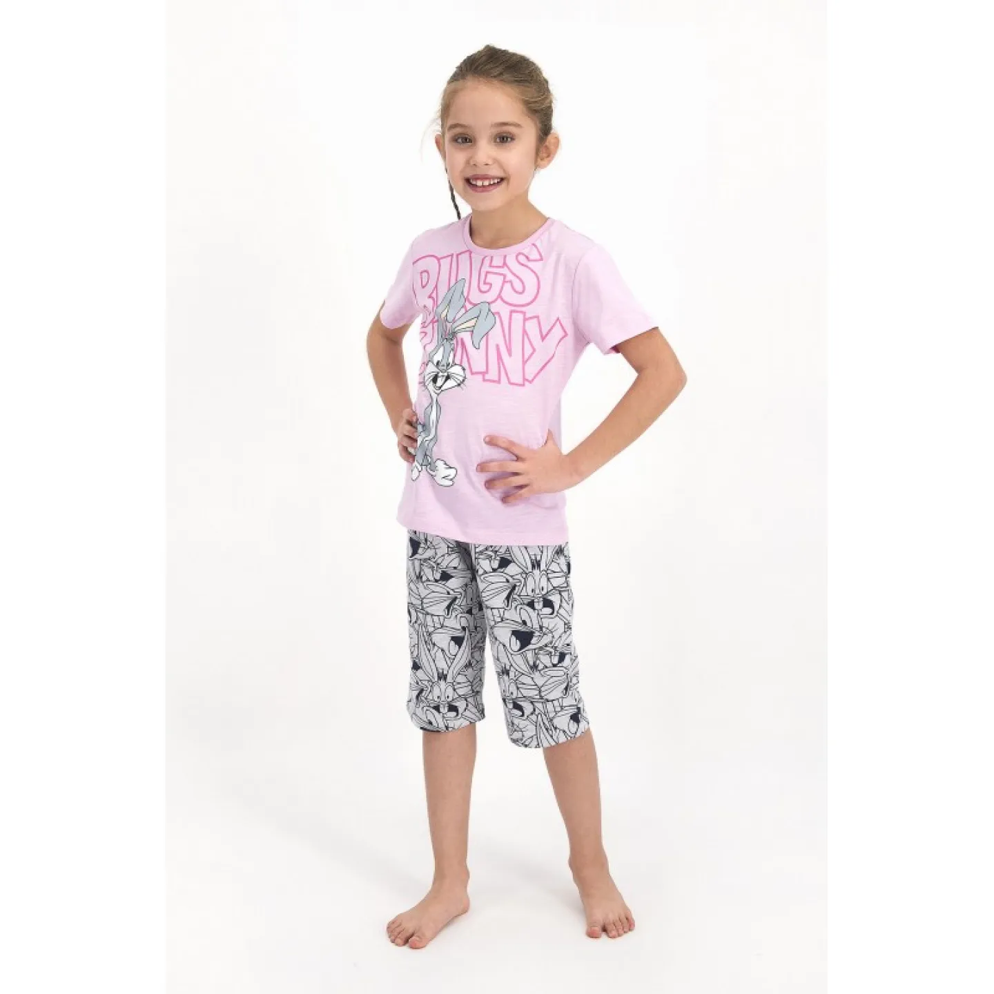 Pijama pentru fetițe Disney, bluza cu maneca scurtă și pantaloni 3/4, imprimeu Bugs Bunny, roz - 1