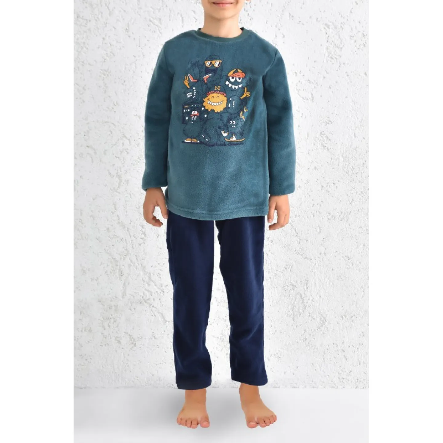 Pijama Polar pentru băieți cu manecă lungă si pantaloni lungi, imprimeu haios, culoare verde - 1