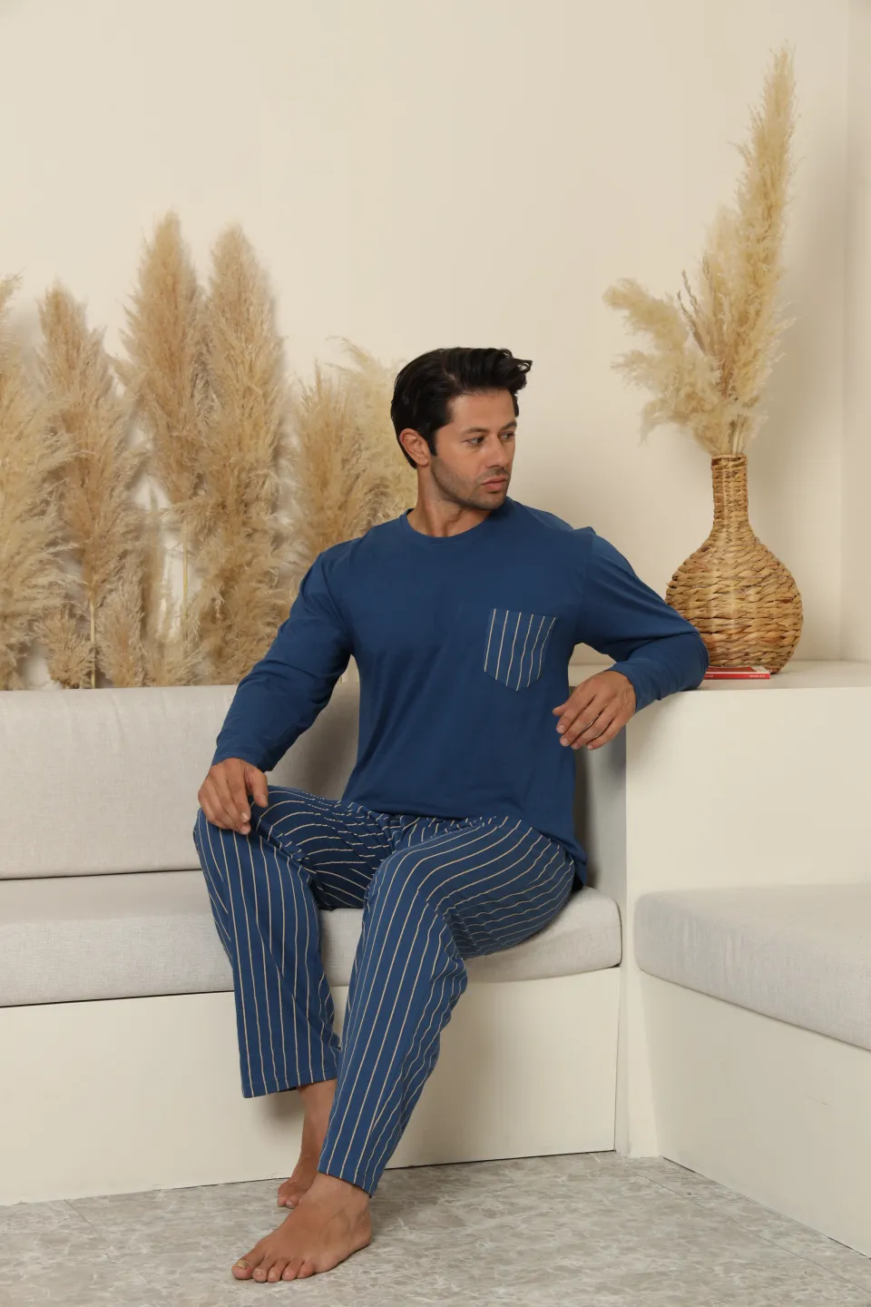 Pijamale bărbătești albastre închise din bumbac 100% cu pantaloni lungi în dungi - 4