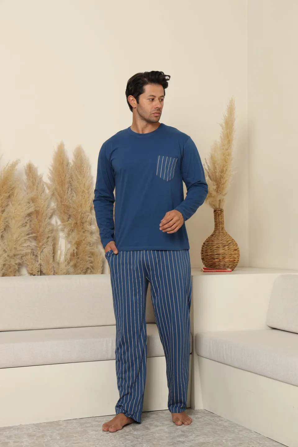 Pijamale bărbătești albastre închise din bumbac 100% cu pantaloni lungi în dungi - 6