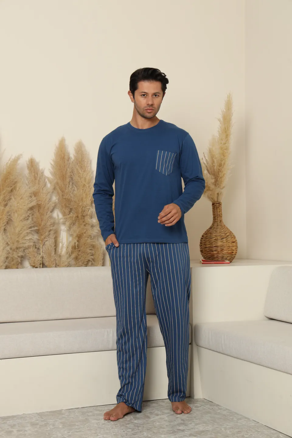 Pijamale bărbătești albastre închise din bumbac 100% cu pantaloni lungi în dungi - 7