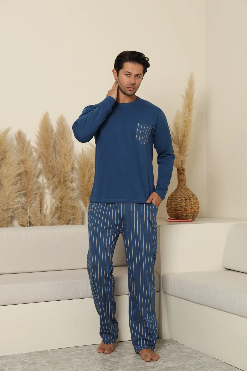 Pijamale bărbătești albastre închise din bumbac 100% cu pantaloni lungi în dungi - 1