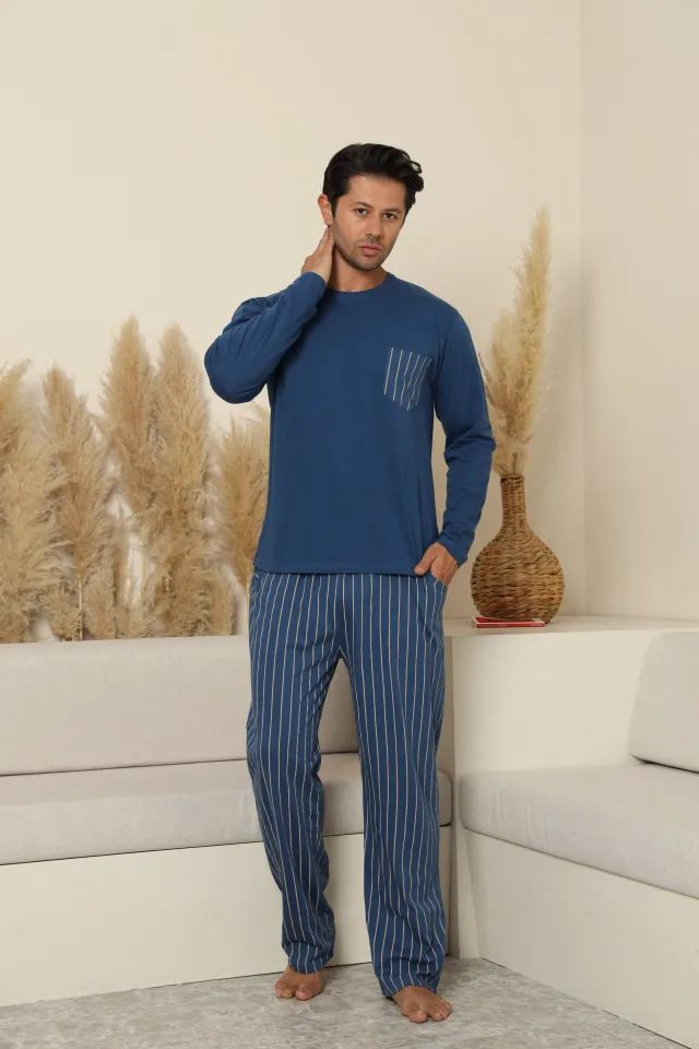 Pijamale bărbătești albastre închise din bumbac 100% cu pantaloni lungi în dungi