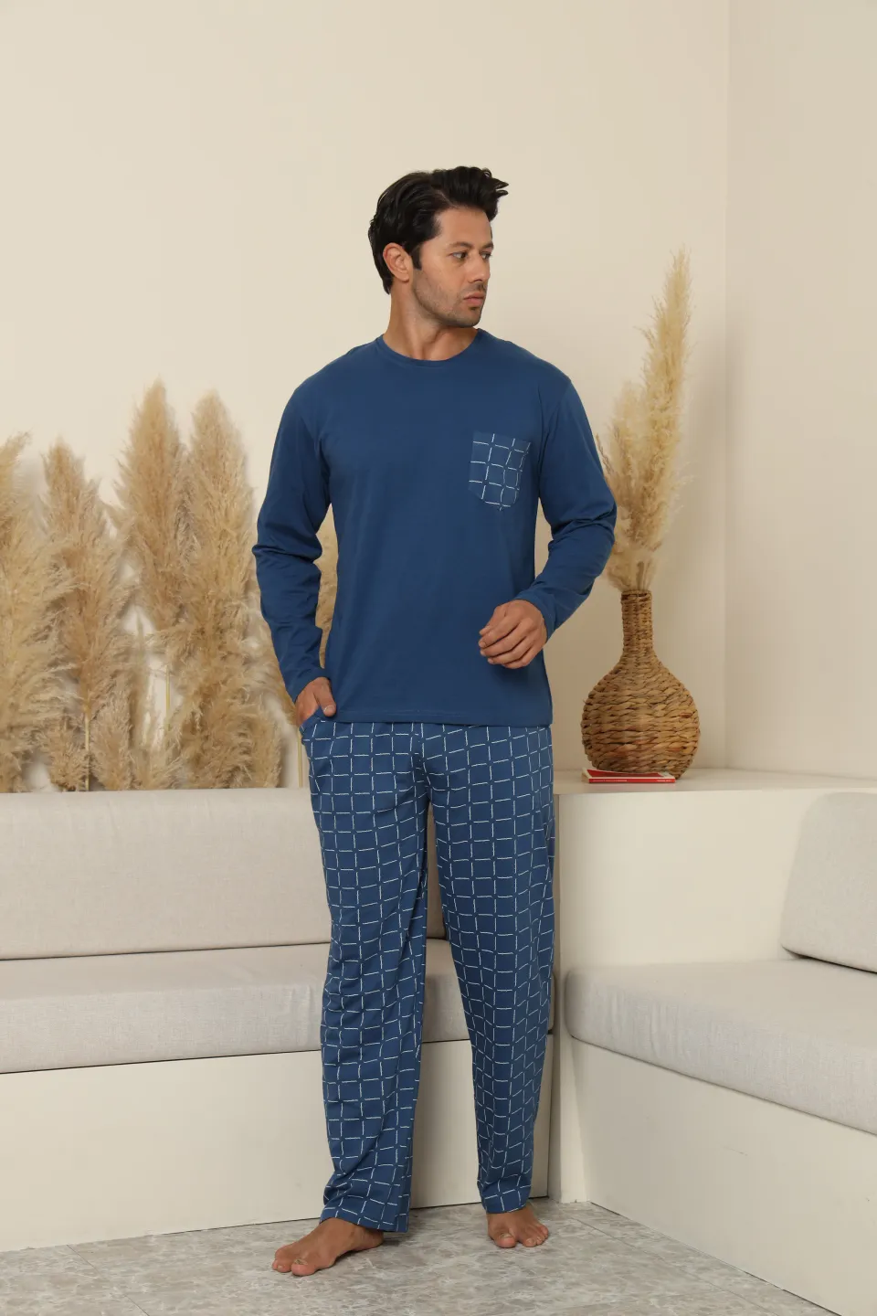 Pijamale bărbați albastru cu pantaloni lungi în carouri – 100% bumbac - 2