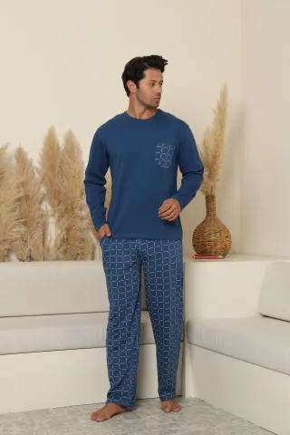 Pijamale bărbați albastru cu pantaloni lungi în carouri – 100% bumbac hover