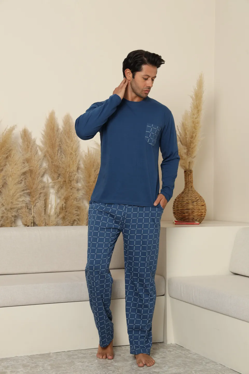 Pijamale bărbați albastru cu pantaloni lungi în carouri – 100% bumbac - 3
