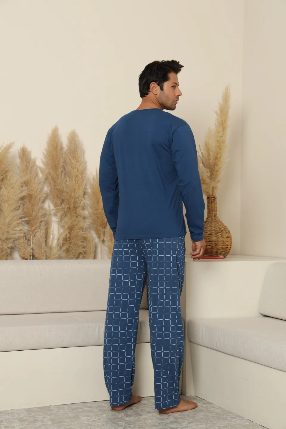 Pijamale bărbați albastru cu pantaloni lungi în carouri – 100% bumbac - 4