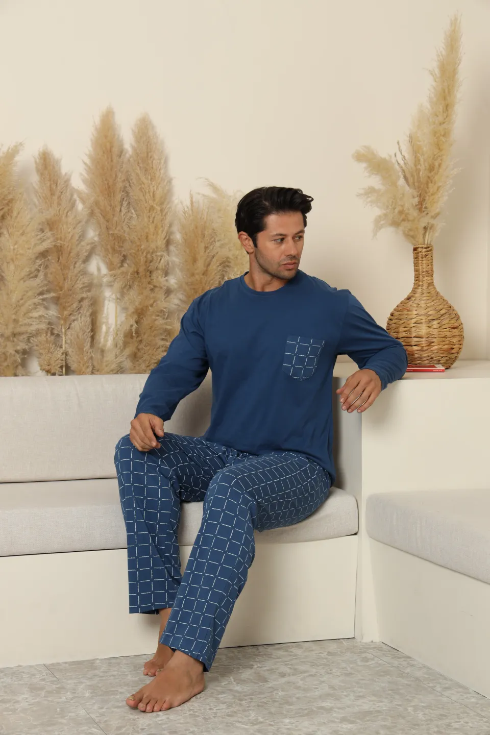 Pijamale bărbați albastru cu pantaloni lungi în carouri – 100% bumbac - 5