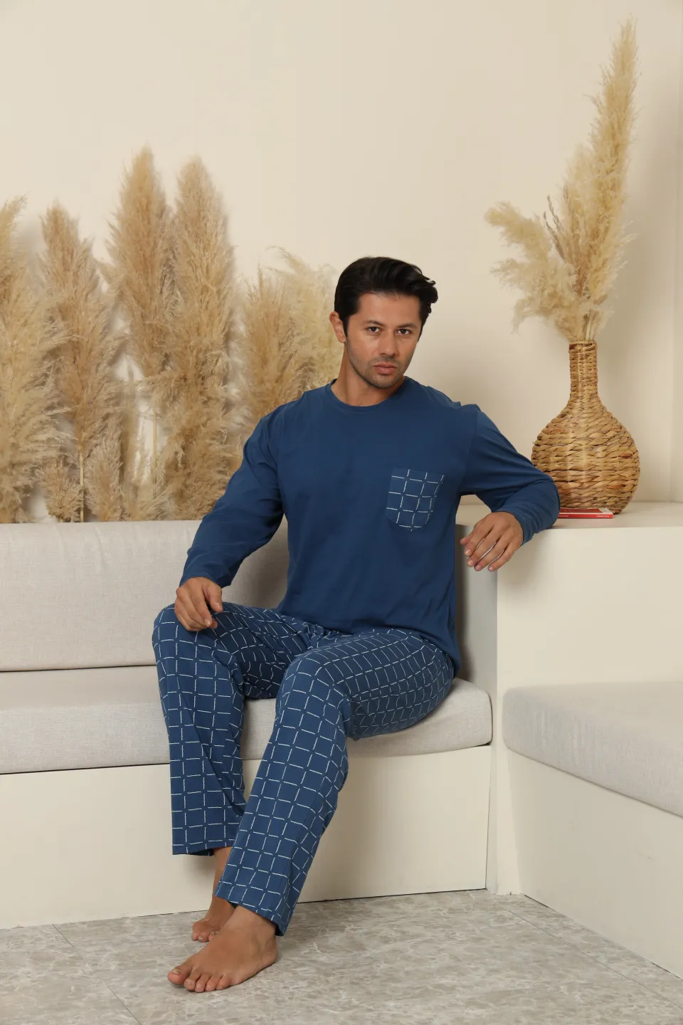 Pijamale bărbați albastru cu pantaloni lungi în carouri – 100% bumbac - 6