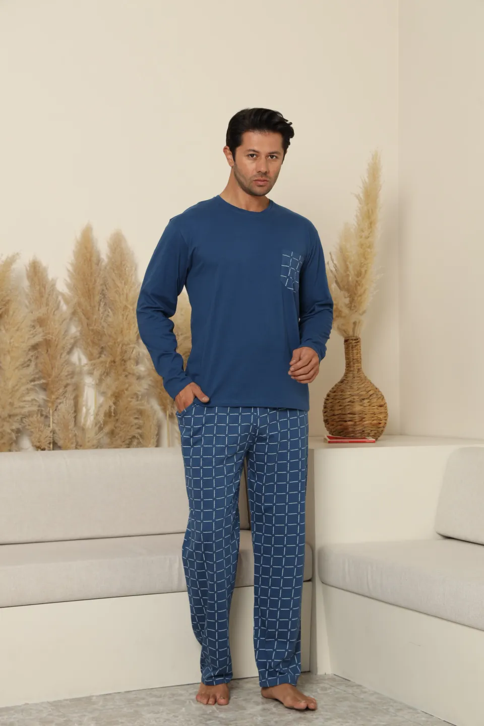 Pijamale bărbați albastru cu pantaloni lungi în carouri – 100% bumbac - 1