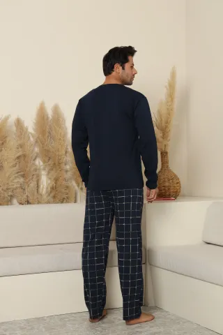 Pijamale bărbați bleumarin cu pantaloni lungi în carouri – 100% bumbac