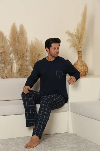 Pijamale bărbați bleumarin cu pantaloni lungi în carouri – 100% bumbac hover