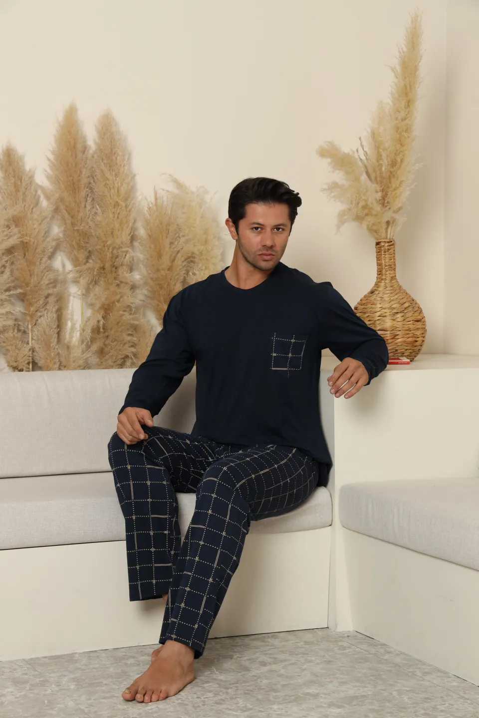 Pijamale bărbați bleumarin cu pantaloni lungi în carouri – 100% bumbac - 3