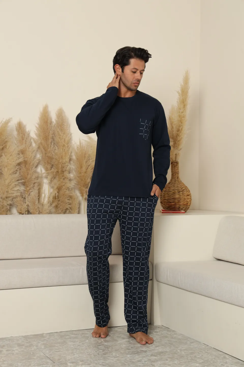 Pijamale bărbați bleumarin cu pantaloni lungi în carouri – 100% bumbac - 6