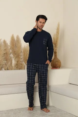 Pijamale bărbați bleumarin cu pantaloni lungi în carouri – 100% bumbac hover