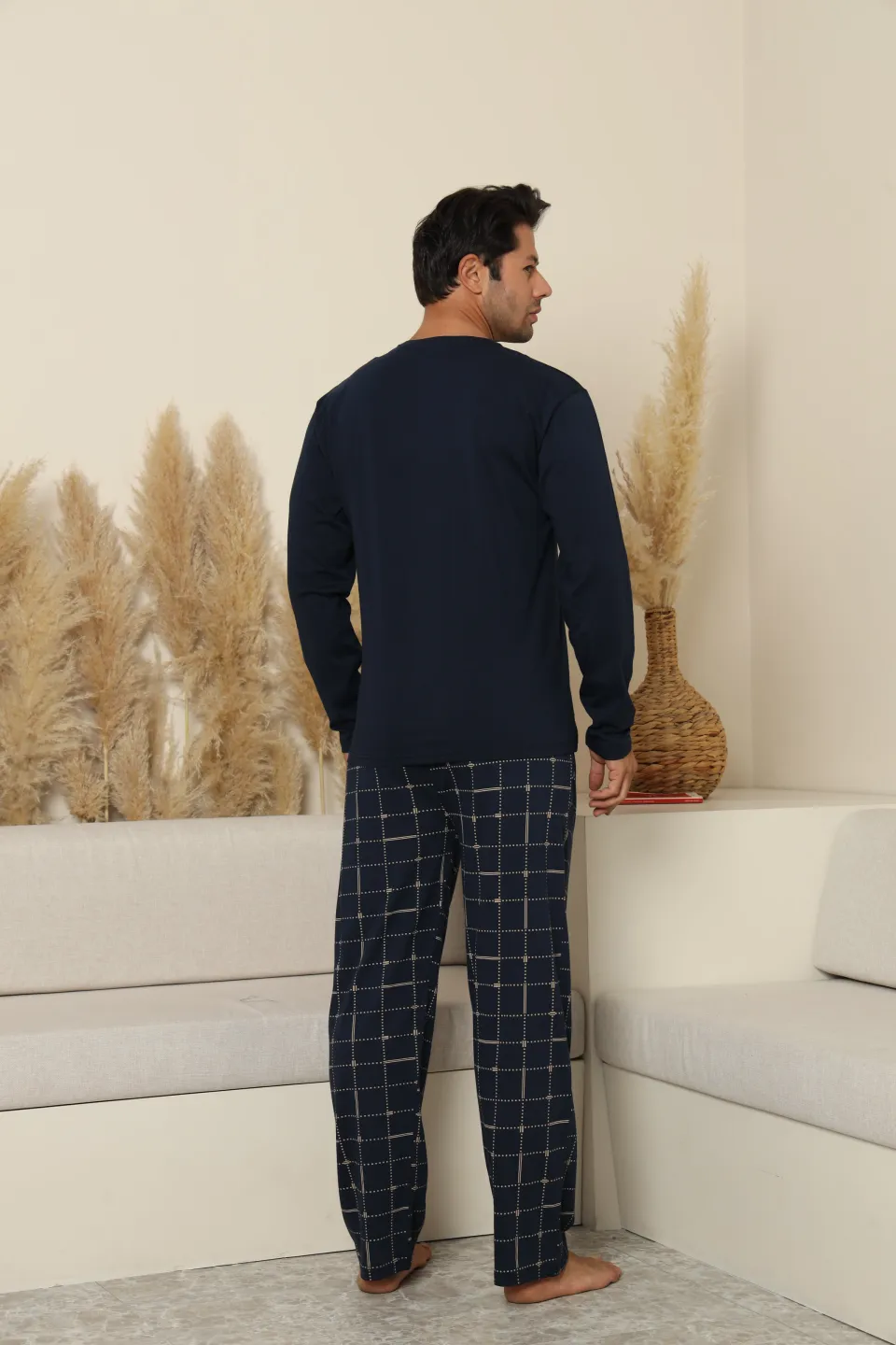 Pijamale bărbați bleumarin cu pantaloni lungi în carouri – 100% bumbac - 4