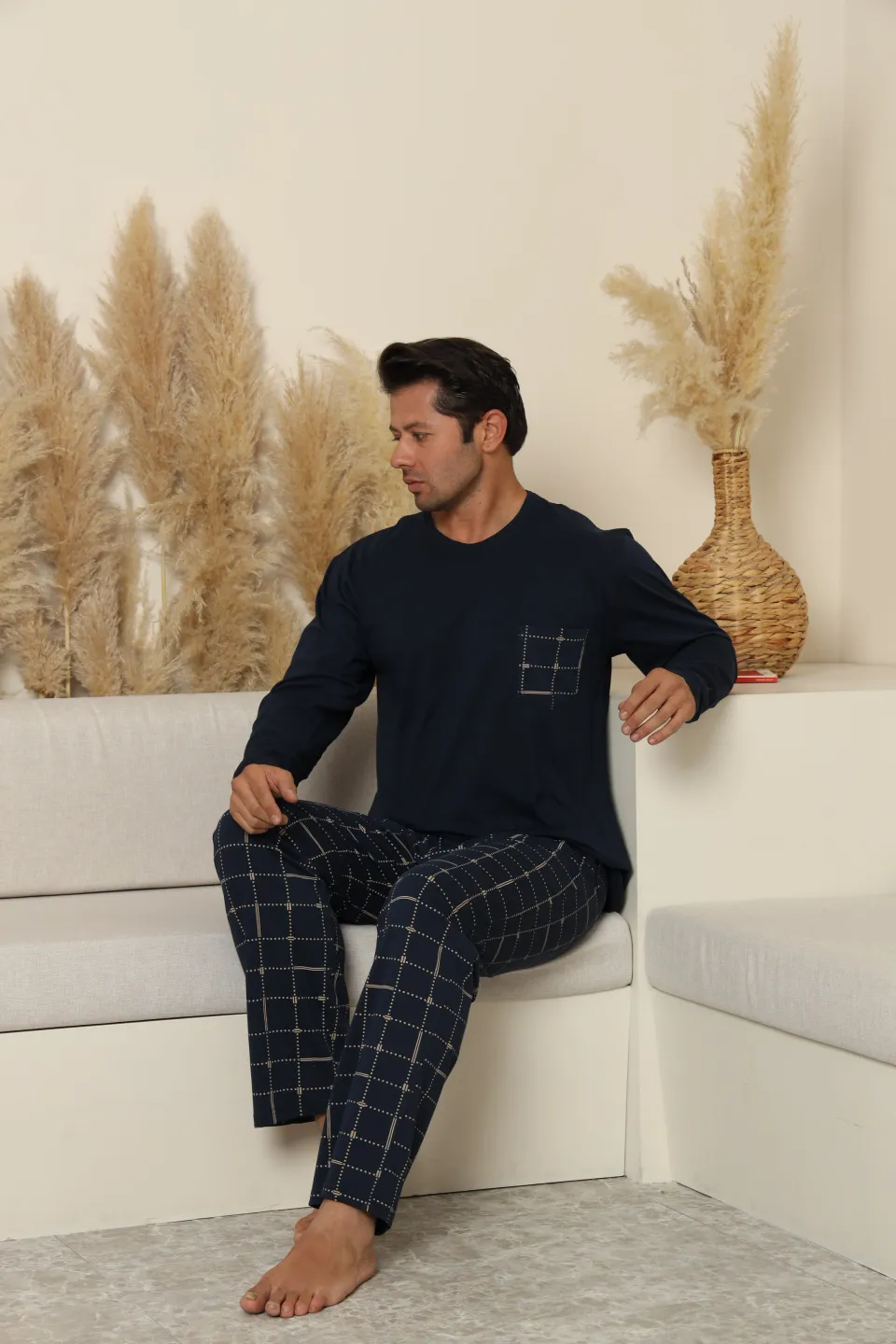 Pijamale bărbați bleumarin cu pantaloni lungi în carouri – 100% bumbac - 5