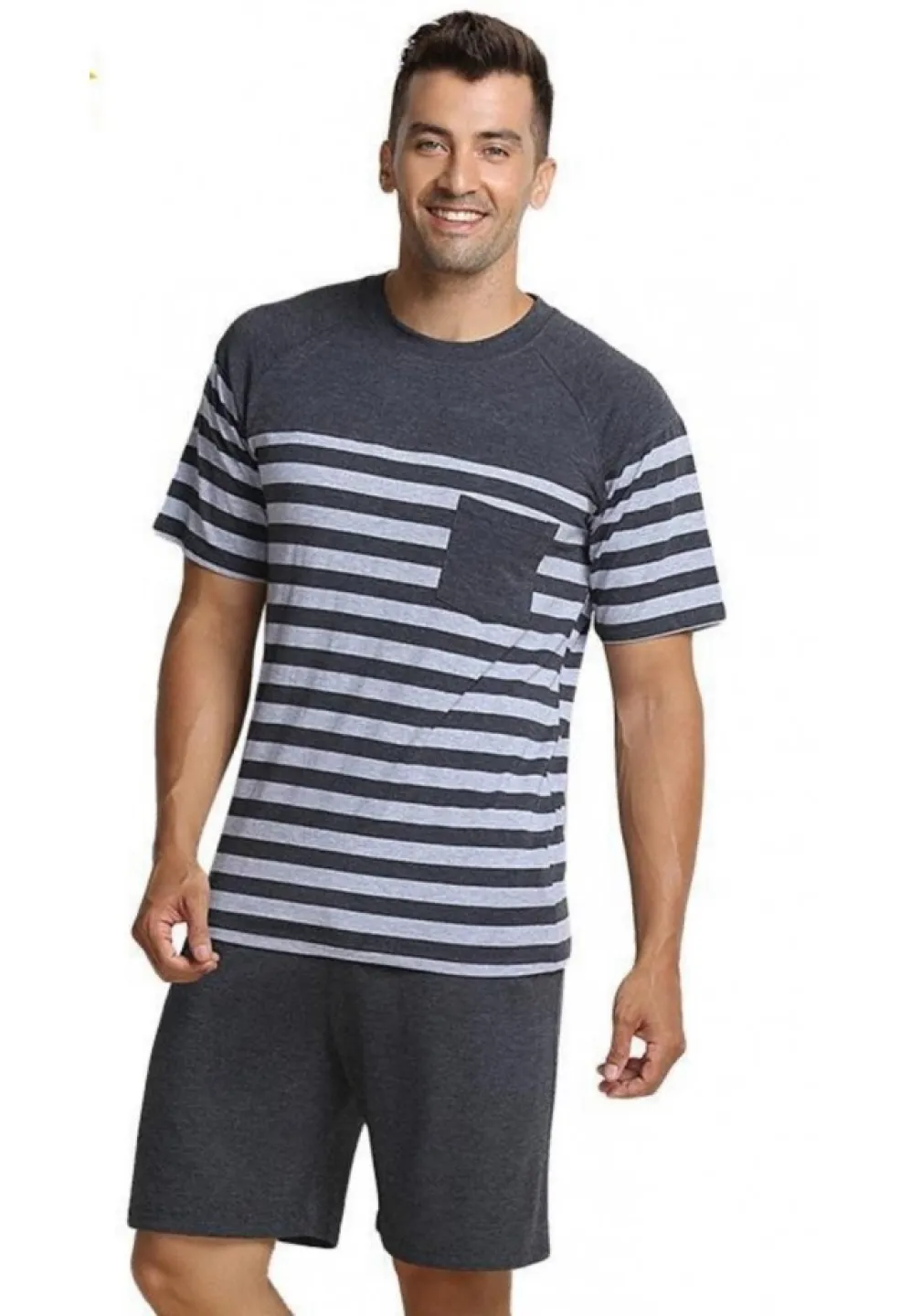 Pijamale bărbați, bluză cu mânecă scurtă și pantaloni scurti, imprimeu dungi, gri - 1