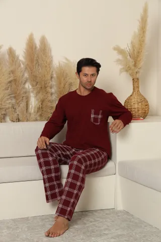 Pijamale bărbați bordo cu pantaloni lungi în carouri – 100% bumbac hover