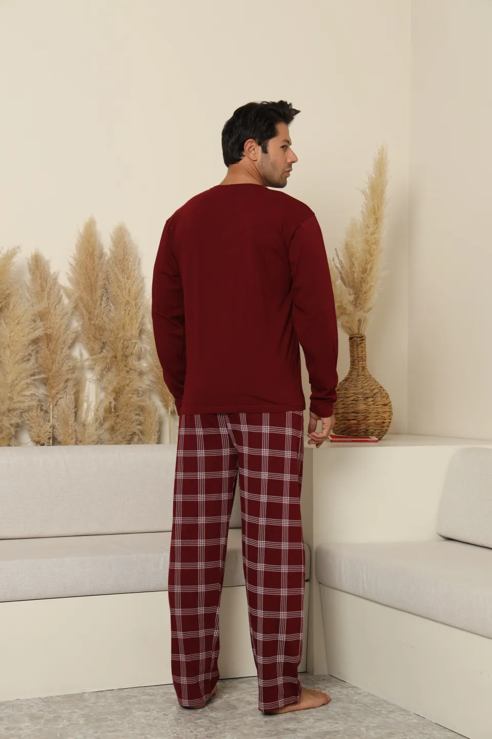 Pijamale bărbați bordo cu pantaloni lungi în carouri – 100% bumbac - 3