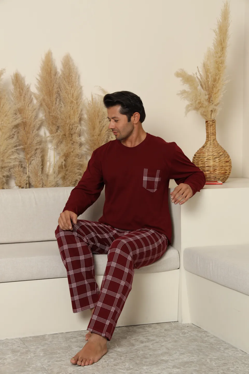 Pijamale bărbați bordo cu pantaloni lungi în carouri – 100% bumbac - 4