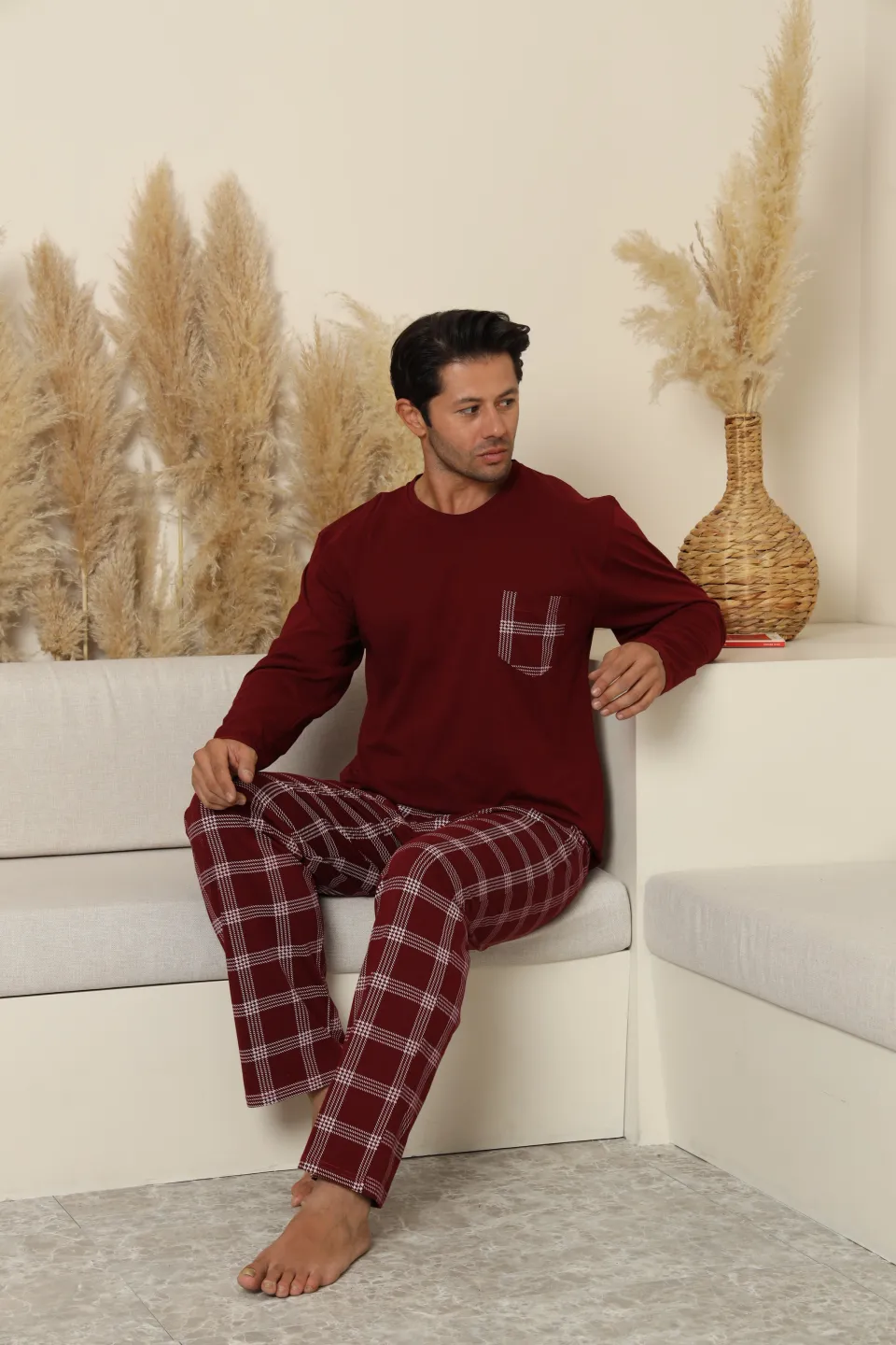 Pijamale bărbați bordo cu pantaloni lungi în carouri – 100% bumbac - 5