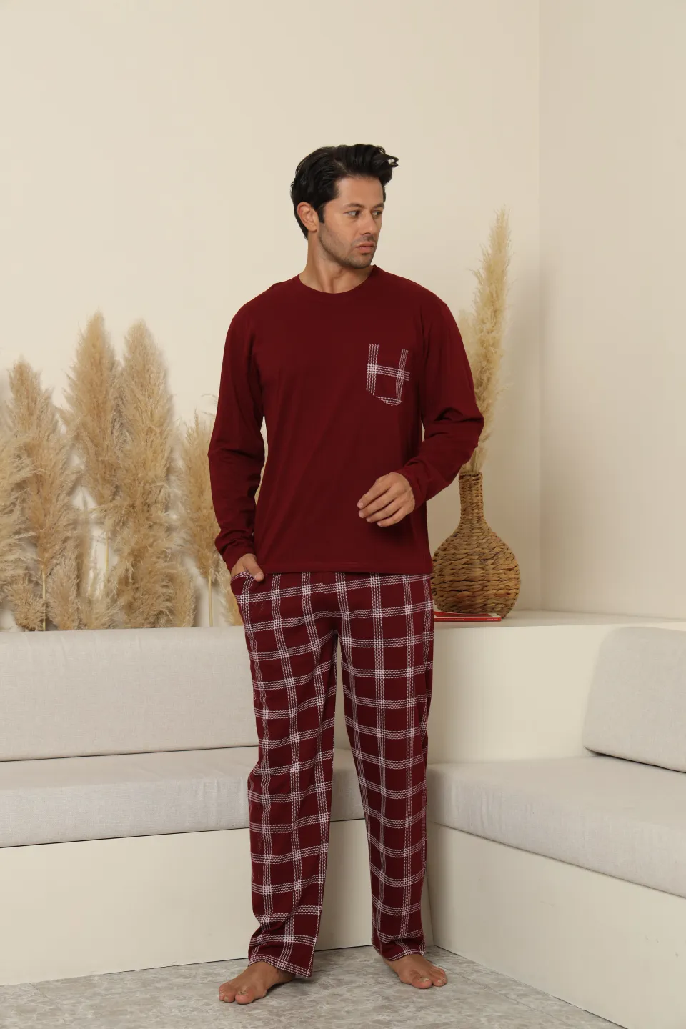 Pijamale bărbați bordo cu pantaloni lungi în carouri – 100% bumbac - 7
