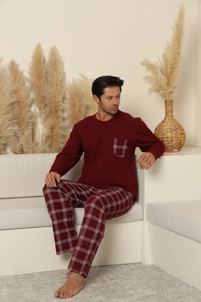 Pijamale bărbați bordo cu pantaloni lungi în carouri – 100% bumbac