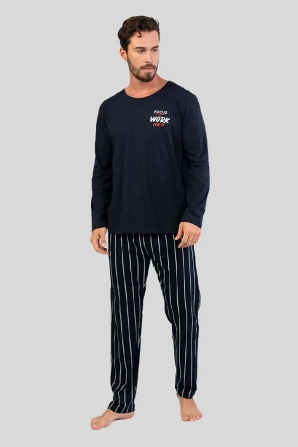 Pijamale Bărbați din Bumbac, Bleumarin cu Imprimeu Dungi, Pantaloni și Mâneci Lungi - 1