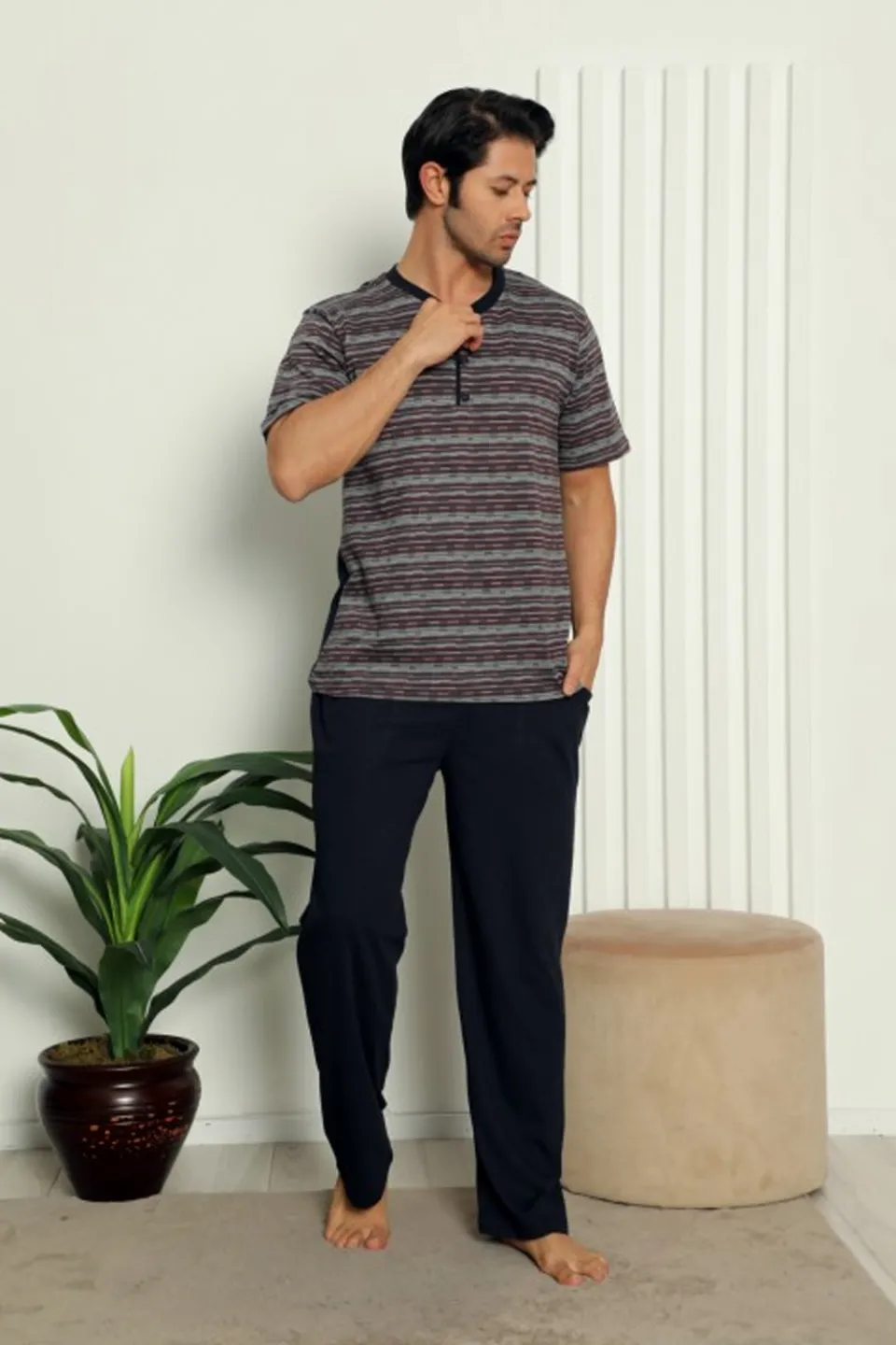 Pijamale bărbați din bumbac cu imprimeu dungi - Culoare bordo - 1