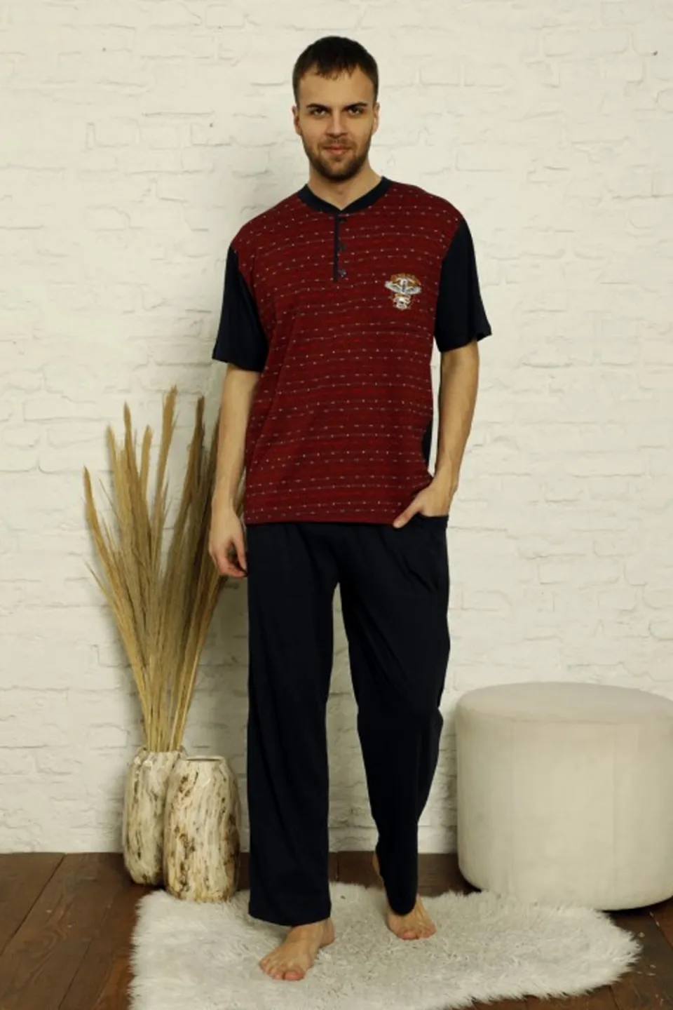 Pijamale bărbați din bumbac cu imprimeu punctulețe - Culoare bordo - 1