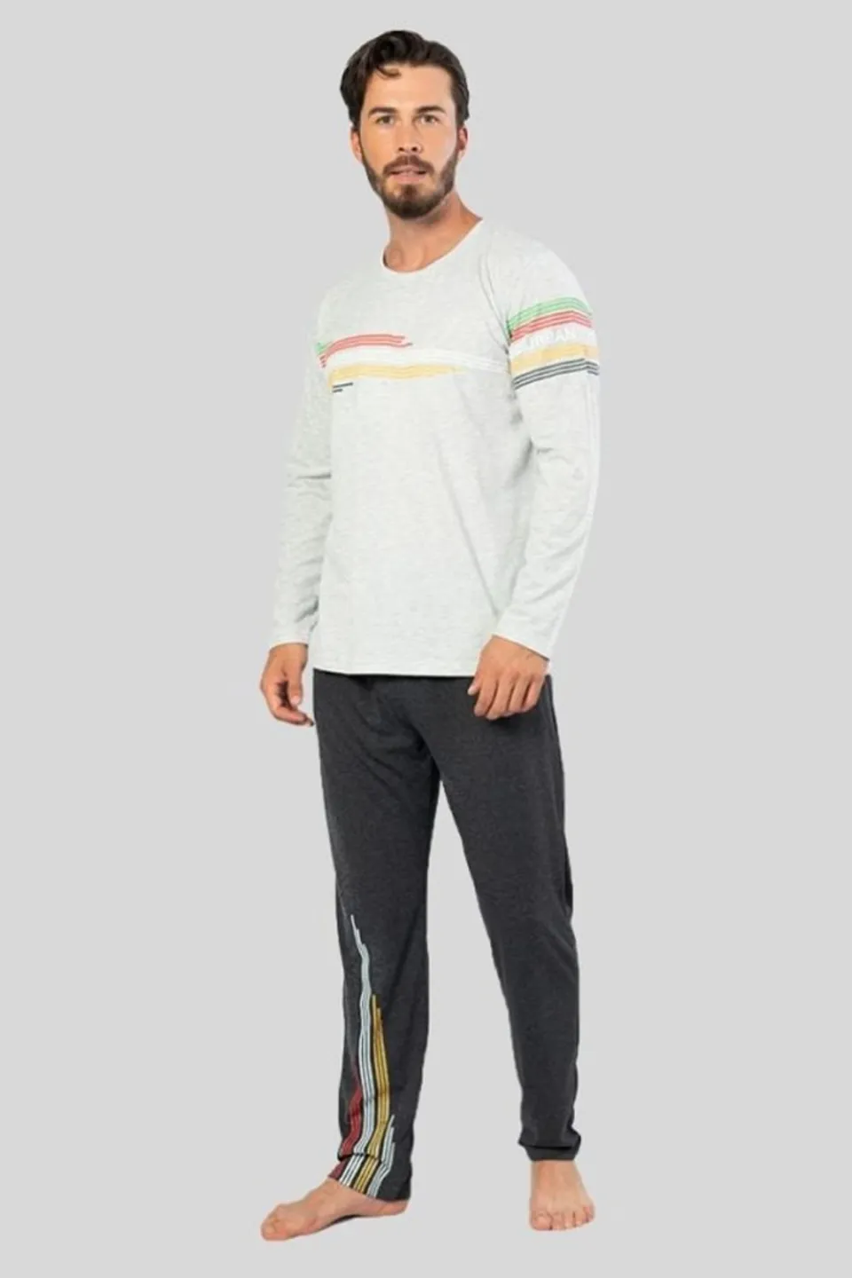 Pijamale Bărbați din Bumbac, gri deschis cu Imprimeu Linii Colorate, Pantaloni și Mâneci Lungi - 1