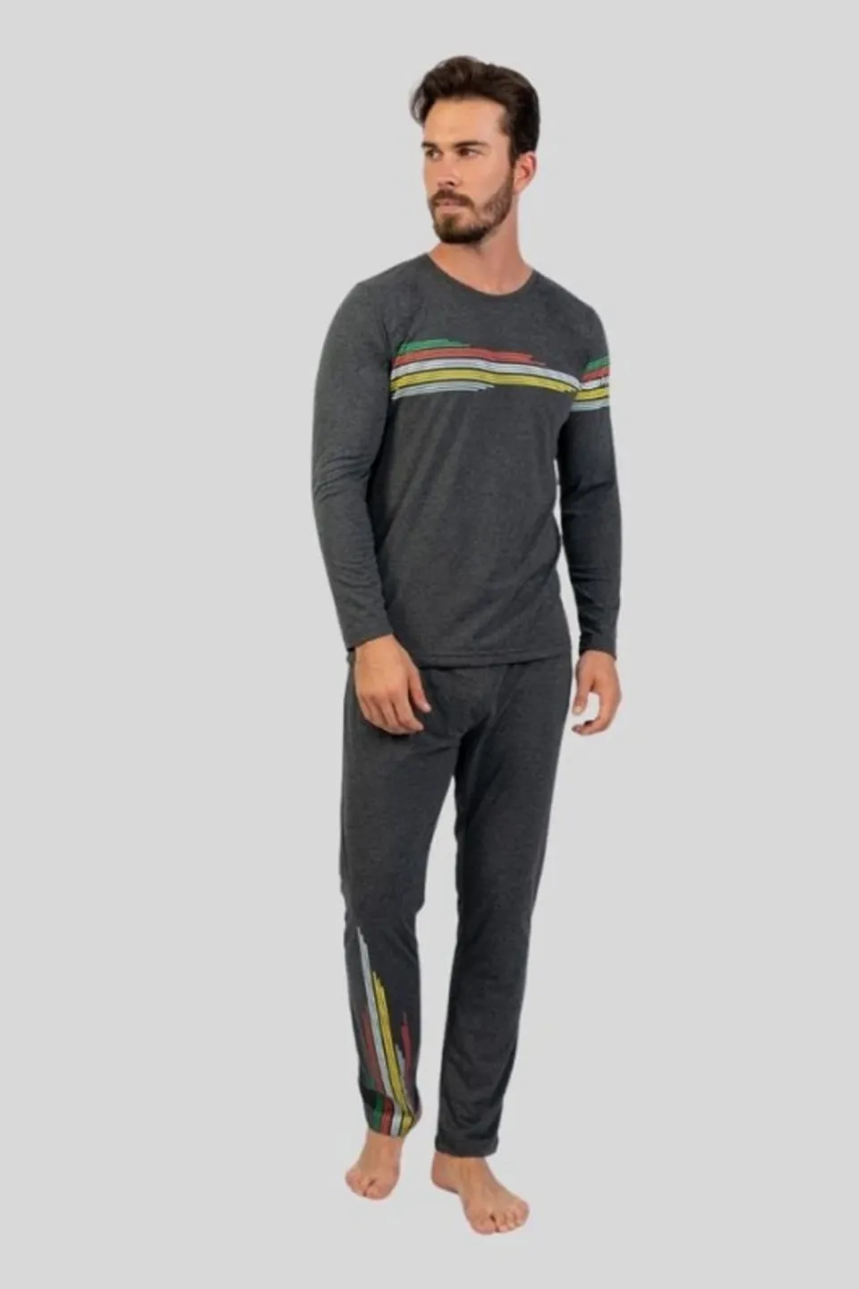 Pijamale Bărbați din Bumbac, Gri Închis cu Imprimeu Linii Colorate, Pantaloni și Mâneci Lungi - 1