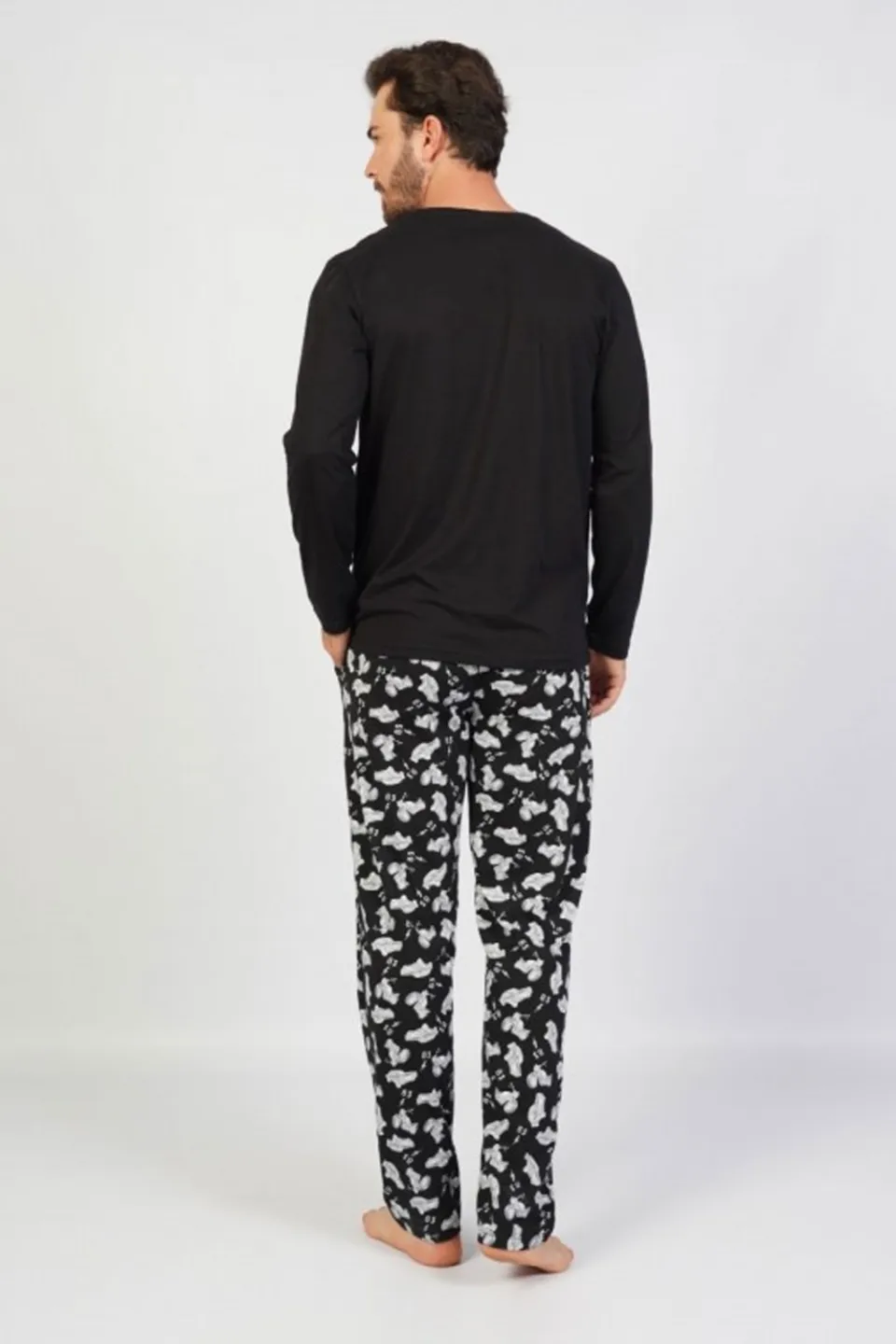 Pijamale Bărbați din Bumbac, Negru cu Imprimeu Mașinuțe, Pantaloni și Mâneci Lungi - 2