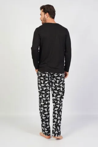 Pijamale Bărbați din Bumbac, Negru cu Imprimeu Mașinuțe, Pantaloni și Mâneci Lungi hover