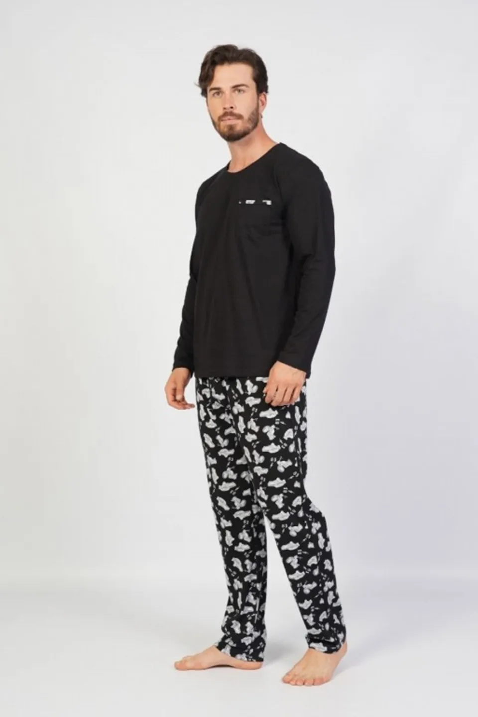 Pijamale Bărbați din Bumbac, Negru cu Imprimeu Mașinuțe, Pantaloni și Mâneci Lungi - 1