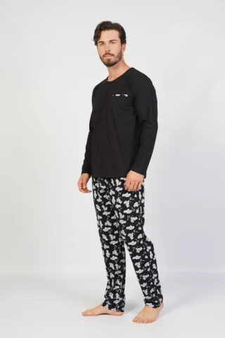 Pijamale Bărbați din Bumbac, Negru cu Imprimeu Mașinuțe, Pantaloni și Mâneci Lungi