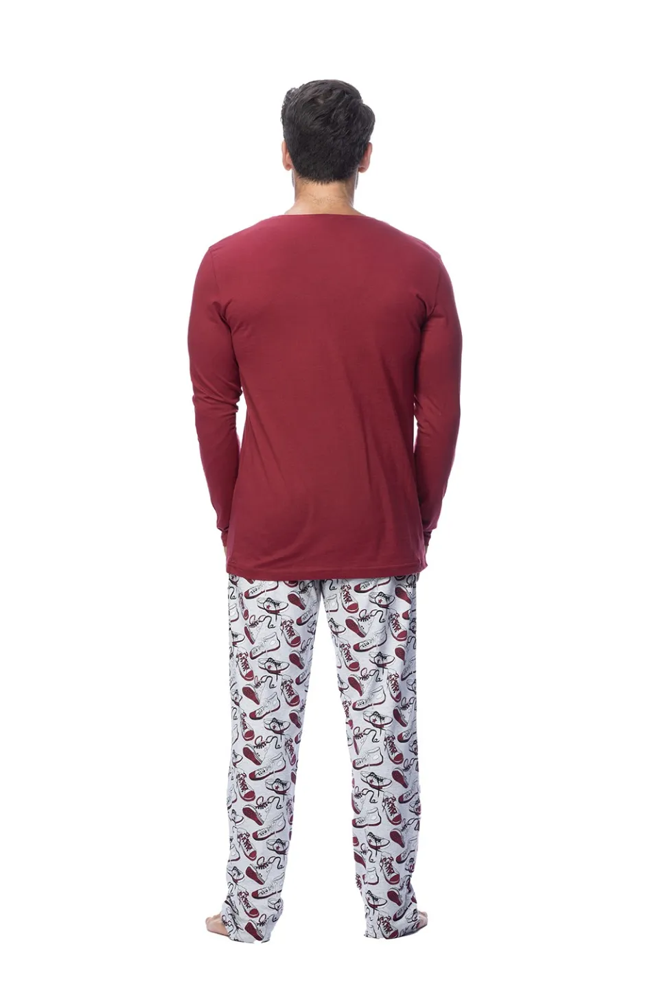 Pijamale Bărbați din Bumbac, Rosu cu Imprimeu Tenesi, Pantaloni și Mâneci Lungi - 2