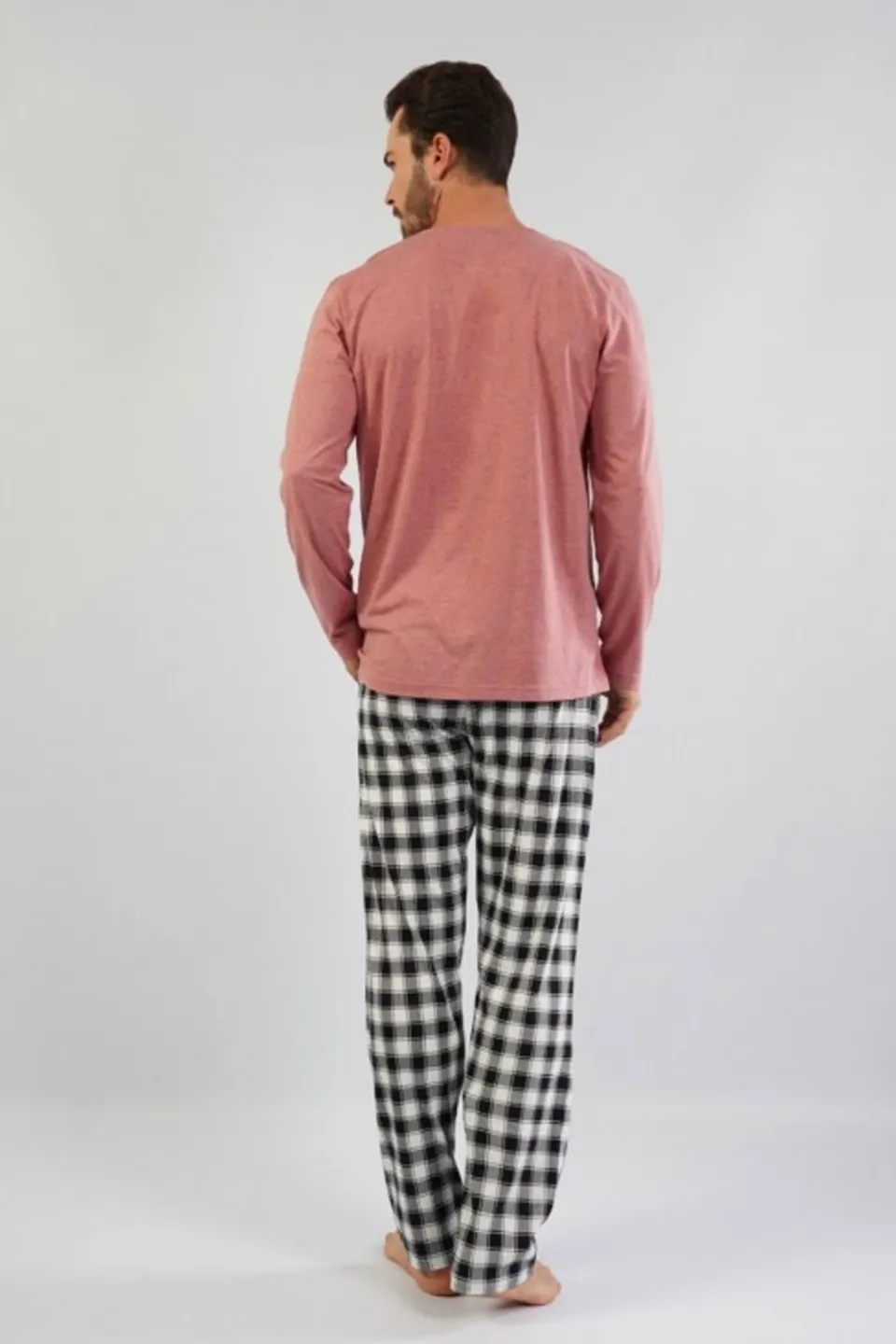 Pijamale Bărbați din Bumbac, Roz Pudră cu Imprimeu Text, Pantaloni și Mâneci Lungi - 2