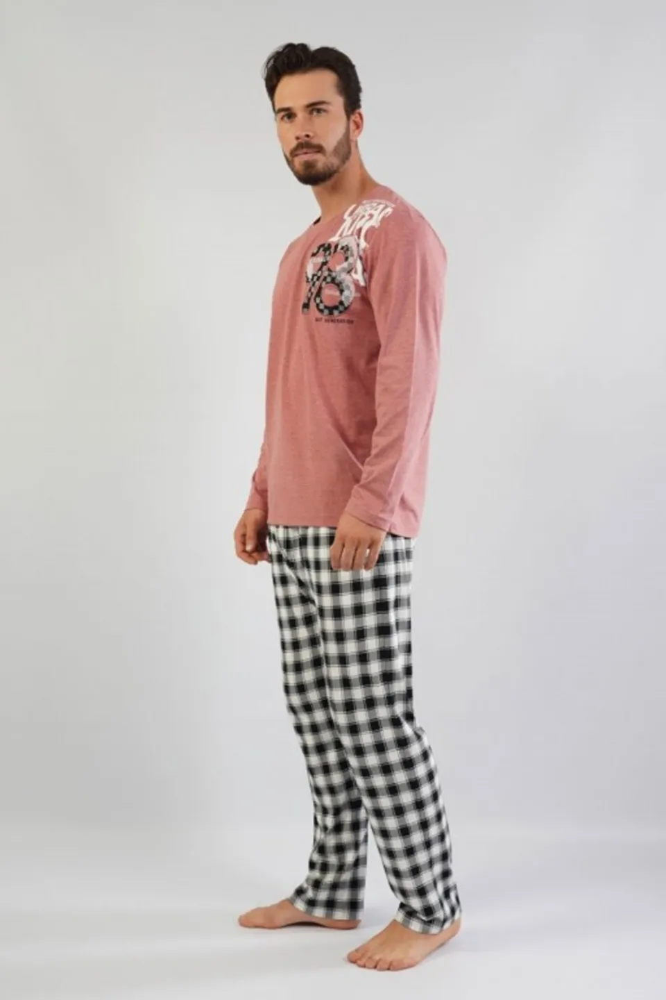 Pijamale Bărbați din Bumbac, Roz Pudră cu Imprimeu Text, Pantaloni și Mâneci Lungi - 1