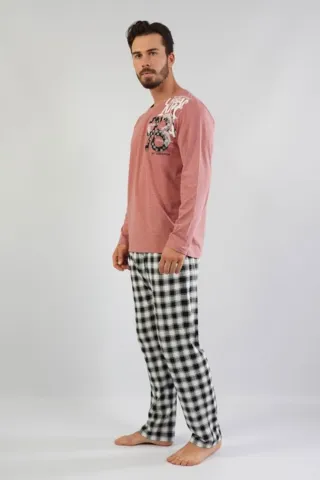 Pijamale Bărbați din Bumbac, Roz Pudră cu Imprimeu Text, Pantaloni și Mâneci Lungi