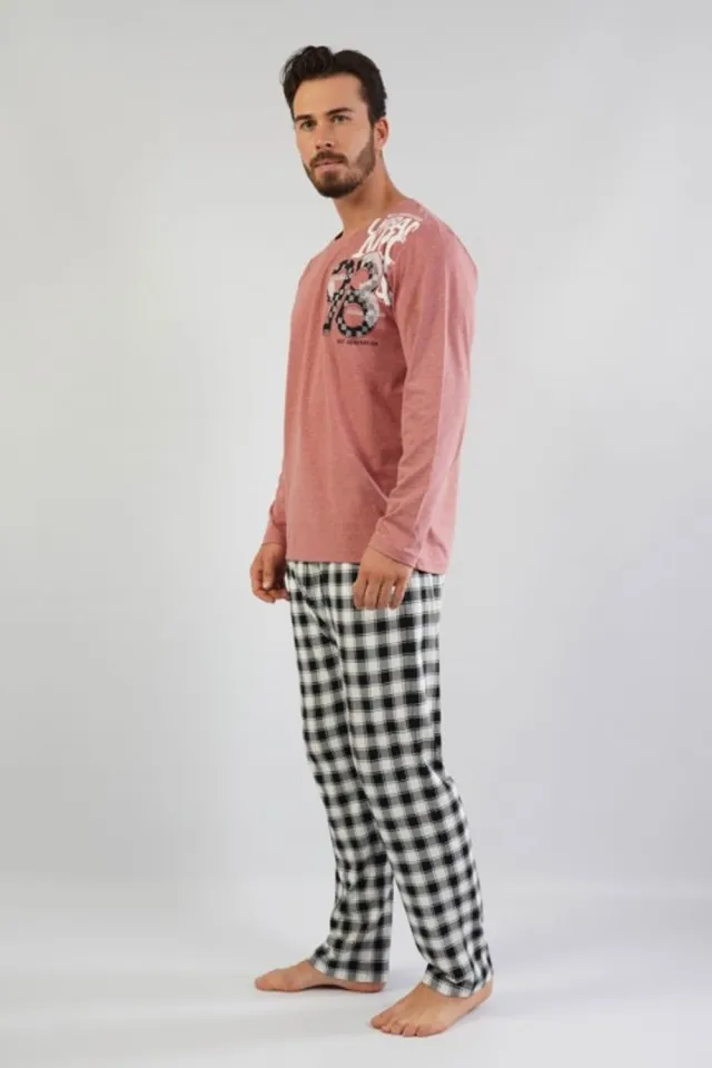 Pijamale Bărbați din Bumbac, Roz Pudră cu Imprimeu Text, Pantaloni și Mâneci Lungi