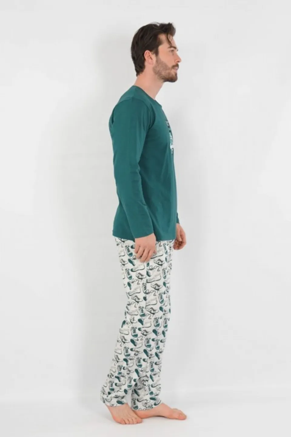 Pijamale Bărbați din Bumbac, Verde cu Imprimeu Tenesi, Pantaloni și Mâneci Lungi - 2