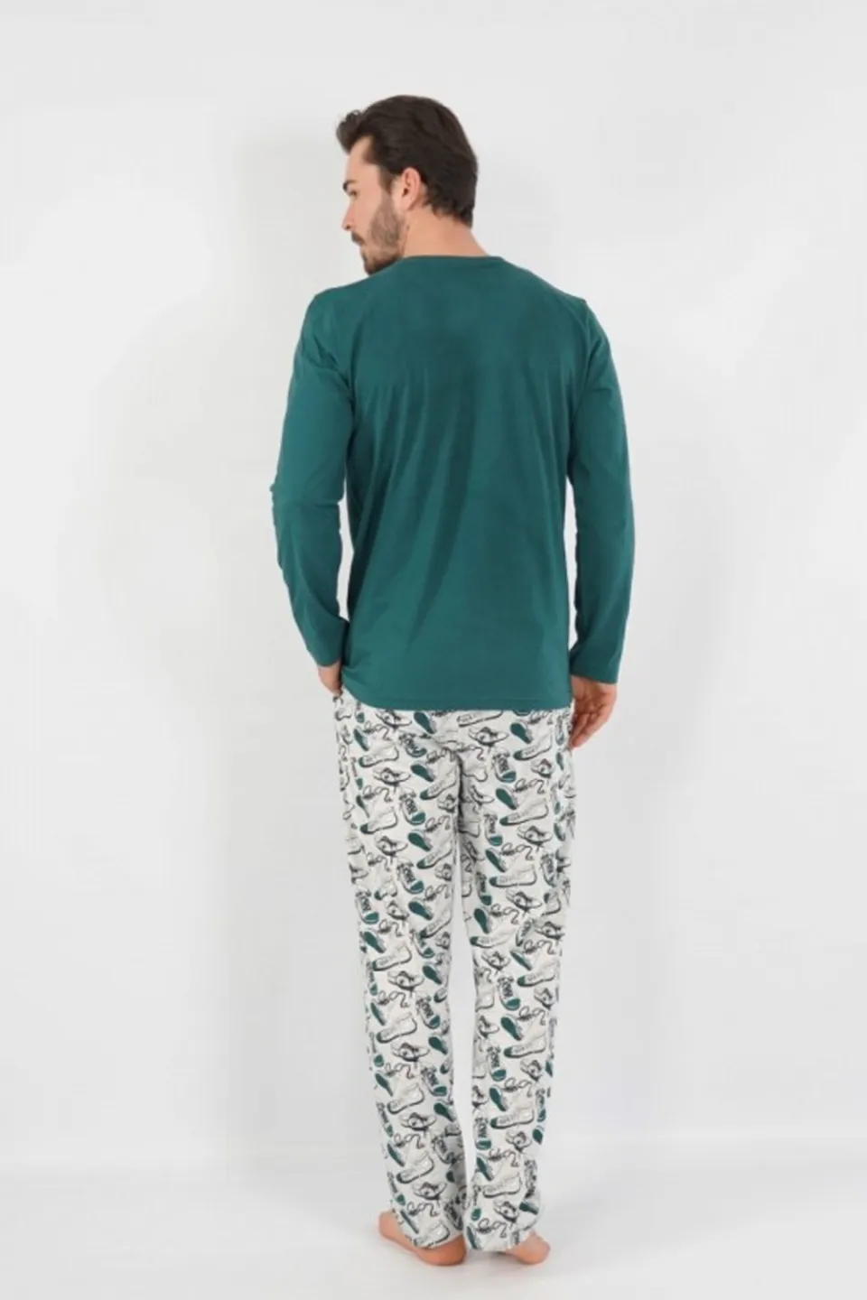 Pijamale Bărbați din Bumbac, Verde cu Imprimeu Tenesi, Pantaloni și Mâneci Lungi - 3